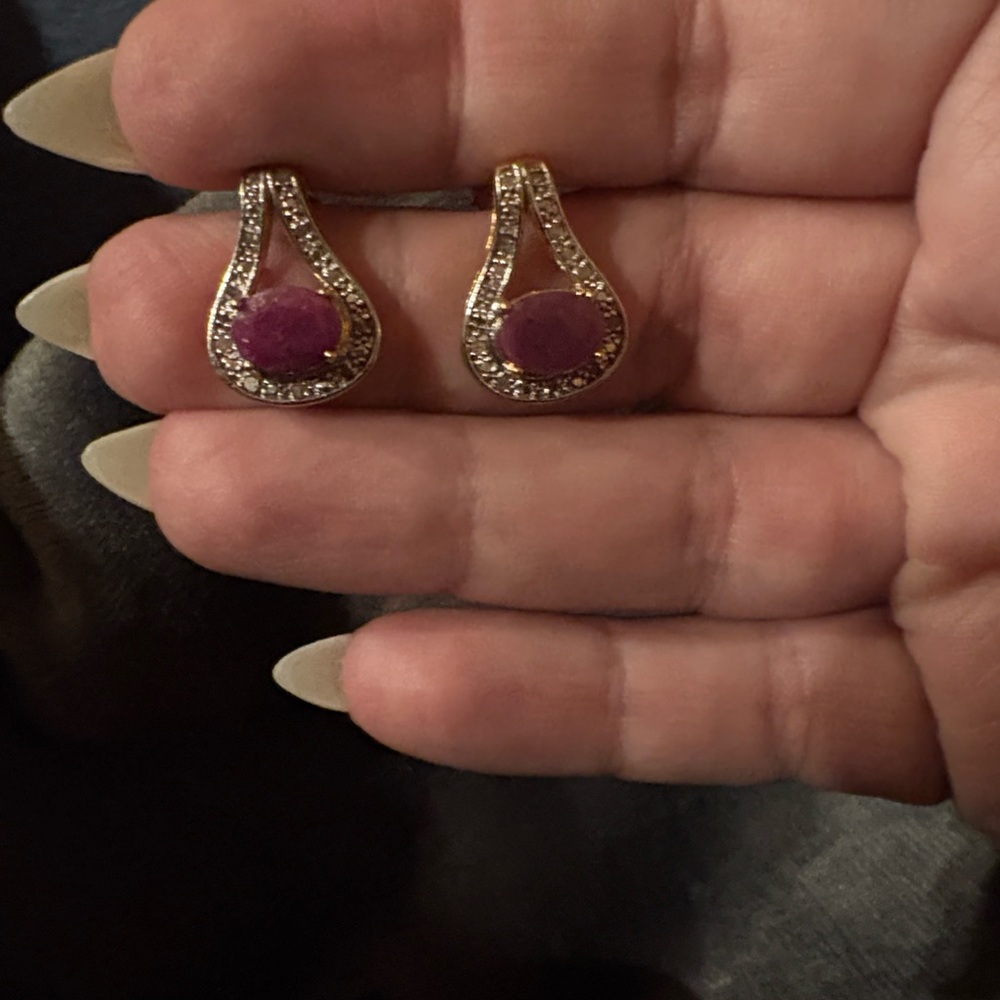 Genuine Diamond and Genuine Ruby earrings set in 18K gold over sterling silver
